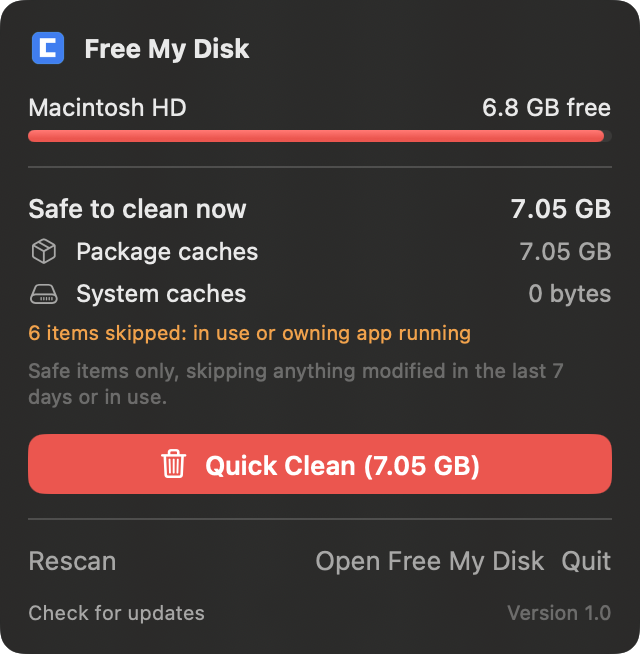 The menu bar popover: free space, what is safe to clean now by group, and the Quick Clean button