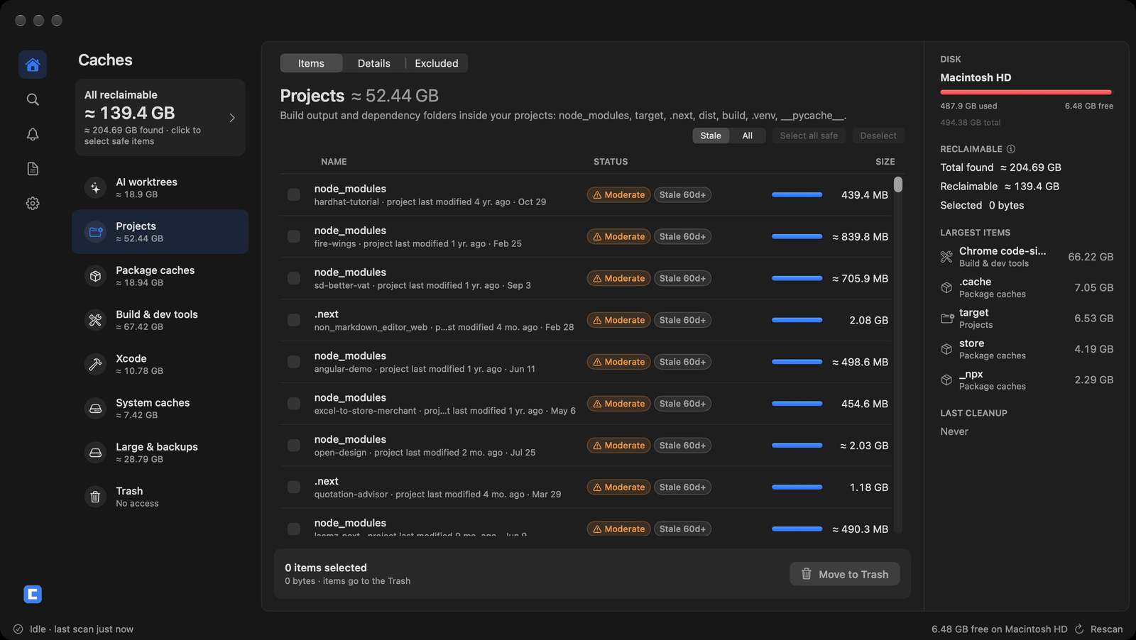 The Projects view: node_modules and .next folders in projects untouched for 60 days or more, each tagged Moderate and Stale 60d+
