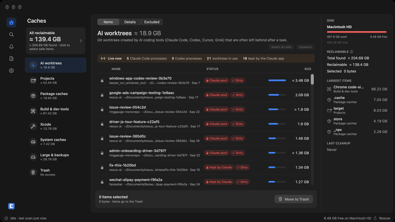 The AI worktrees view in dark mode: a live banner counting Claude Code processes and worktrees in use, and locked rows tagged Claude pool, Kept by Claude and Dirty